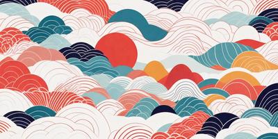 The primary subject of the image is a colorful, abstract painting featuring a cloudy sky with a red sun. The setting is a cloudy sky, and the visual style is a combination of digital art and illustration. The dominant colors are red, blue, and orange, creating a vibrant and lively atmosphere.