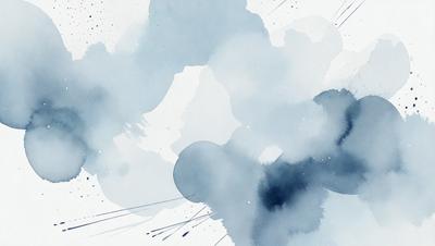 The primary subject of the image is a cloudy blue sky with white clouds. The setting is a white background, which provides a clean and minimalist appearance. The visual style is a watercolor painting, giving the image a unique and artistic touch. The dominant colors are blue and white, creating a calm and serene atmosphere.