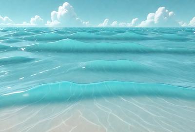 The primary subject of the image is a large body of blue water, which appears to be a part of a painting or digital artwork. The setting is a vast ocean, and the visual style is a combination of photo and digital art. The colors and mood of the image are predominantly blue, creating a serene and calming atmosphere.