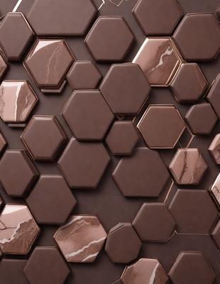 The primary subject of the image is a close-up of a chocolate wall with a pattern of hexagonal shapes. The setting is a wall, and the visual style appears to be a photo. The dominant colors are brown and black, creating a rich and warm atmosphere.
