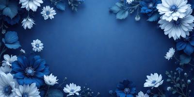 The primary subject of the image is a blue background with white flowers. The setting is a blue wall with a pattern of white flowers. The visual style is a digital art or illustration, creating a vibrant and lively atmosphere. The dominant colors are blue and white, with the white flowers adding a touch of elegance and freshness to the scene.