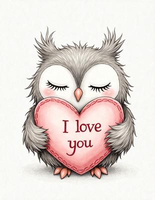 The primary subject of the image is a cute, colorful, and heart-shaped illustration of an owl. The owl is holding a heart in its arms, and the heart has the words "I Love You" written on it. The setting is a white background, and the visual style is a combination of digital art and illustration. The colors are predominantly pink and white, creating a warm and loving atmosphere.