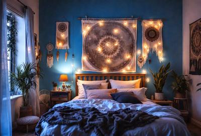 The primary subject of the image is a bed with a white comforter and a blue wall. The bed is situated in a room with a blue wall and a blue ceiling. The room also features a blue bed frame. The visual style of the image is a photo, and the colors and mood are predominantly blue, creating a calm and serene atmosphere.