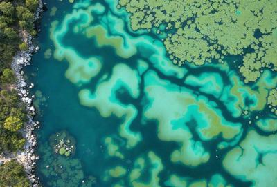 The primary subject of the image is a close-up of a blue and green underwater scene, possibly a coral reef or a lagoon. The setting is underwater, with a variety of blue and green colors visible. The visual style appears to be a combination of a photo and a digital art or illustration, as the colors and patterns are vibrant and detailed. The overall atmosphere is serene and captivating, showcasing the beauty of the underwater environment.