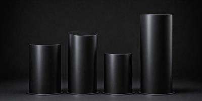 The primary subject of the image is a series of three black vases, each with a different shape and size. They are placed on a black background, which creates a striking contrast with the vases. The visual style of the image is a close-up of the vases, showcasing their unique designs. The colors and mood of the image are predominantly black, giving it a modern and minimalist appearance.