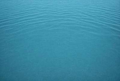The primary subject of the image is a large body of blue water, which appears to be a lake. The water is calm and serene, with no visible disturbances or ripples. The setting is a clear day, with the sky visible above the water. The visual style of the image is a photo, capturing the beauty of the lake on a sunny day. The colors and mood of the image are predominantly blue, creating a sense of tranquility and peacefulness.