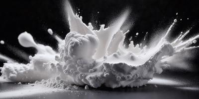The primary subject of the image is a pile of white powder, which appears to be a mix of milk and flour. The setting is a table, and the visual style is a close-up of the powder. The colors and mood of the image are predominantly white, giving it a clean and fresh appearance.