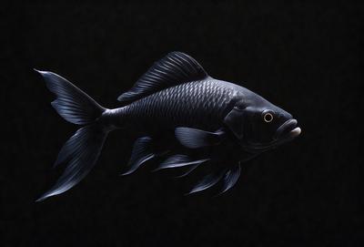 The primary subject of the image is a large black fish with a long tail. The fish is swimming in a dark environment, possibly a black background. The visual style of the image is a close-up of the fish, showcasing its details and texture. The colors in the image are predominantly black, giving the scene a moody and dramatic atmosphere.