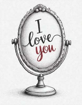 The primary subject of the image is a mirror with the words "I Love You" written on it. The mirror is placed on a table, and the setting appears to be a cozy, intimate space. The visual style of the image is a combination of digital art and illustration, creating a warm and inviting atmosphere. The dominant colors in the image are red and white, which are used to emphasize the message of love conveyed by the mirror.