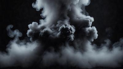 The primary subject of the image is a large, dark, and smoky cloud. The setting is a black background, which contrasts with the cloud, making it stand out. The visual style is a close-up of the cloud, emphasizing its texture and density. The colors and mood of the image are dark and dramatic, creating a sense of mystery and intensity.