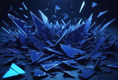 The primary subject of the image is a large cluster of blue glass shards, which are scattered across a dark surface. The setting appears to be a nighttime environment, with the shards illuminated by a light source. The visual style of the image is a combination of photo and digital art, creating a unique and intriguing scene. The dominant colors in the image are blue and black, giving the scene a moody and dramatic atmosphere.