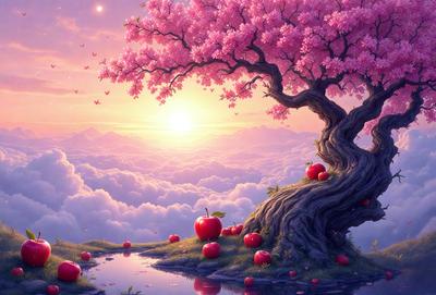 The primary subject of the image is a tree with a bunch of apples on it, located in a beautiful, pink-colored landscape. The setting includes a body of water, clouds, and a sunset in the background. The visual style of the image is a digital art or illustration, creating a vibrant and lively atmosphere. The dominant colors in the scene are pink, purple, and white, with the apples adding a pop of red.