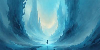The primary subject of the image is a person walking through a snowy landscape. The setting is a mountainous area with a blue sky and a frozen environment. The visual style is a digital art or illustration, creating a surreal and dramatic atmosphere. The colors are predominantly blue, with some white and gray tones, giving the scene a cold and serene mood.