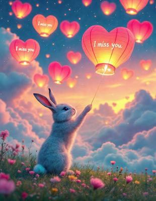 The primary subject of the image is a cute bunny rabbit. The setting is a cloudy sky, and the visual style is a digital art illustration. The colors and mood of the image are predominantly pink, creating a warm and cheerful atmosphere.