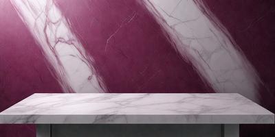 The primary subject of the image is a marble countertop with a purple stripe. The setting is a room with a purple wall, and the visual style is a photo. The colors and mood of the image are predominantly purple, creating a calm and elegant atmosphere.
