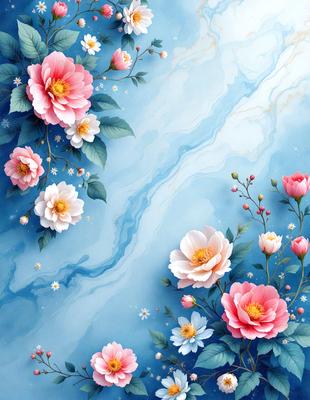 The primary subject of the image is a beautiful painting of flowers. The painting features a variety of flowers, including pink and white ones, arranged in a visually appealing manner. The setting is a blue background, which complements the vibrant colors of the flowers. The visual style of the painting is a combination of digital art and illustration, creating a realistic and detailed representation of the flowers. The colors and mood of the painting are predominantly pink and white, giving it a warm and inviting atmosphere.