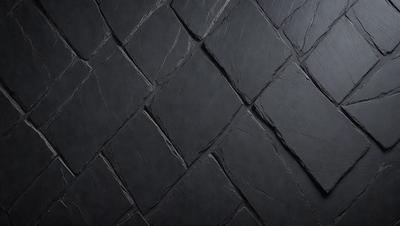 The primary subject of the image is a close-up of a black tile floor. The setting is a dark room, and the visual style is a black and white photo. The colors and mood of the image are predominantly dark and moody, with the black tile floor being the main focus.