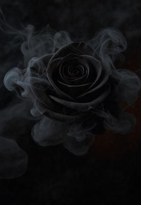 The primary subject of the image is a black rose, which is the main object, scene, or focus of the image. The setting/background features a dark, smoky environment, which adds to the overall atmosphere. The visual style of the image is a black and white photo, giving it a classic and timeless appearance. The colors and mood of the image are predominantly dark and moody, with the black rose serving as the central point of interest.