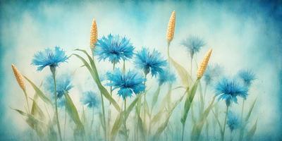 The primary subject of the image is a field of blue flowers, with a total of five flowers visible. The setting is a grassy field, and the visual style appears to be a painting or digital art. The colors and mood of the image are predominantly blue, creating a serene and calming atmosphere.