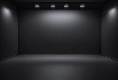The primary subject of the image is a black wall with a row of lights on it. The setting is a dark room, and the visual style is a black and white photo. The dominant colors are black and white, and the overall atmosphere is moody and dramatic.