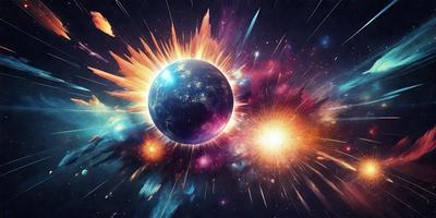 The primary subject of the image is a colorful, celestial scene featuring a large, brightly colored planet with a blue and purple hue. The setting is a night sky filled with stars, creating a vibrant and lively atmosphere. The visual style of the image is a combination of digital art and illustration, giving it a unique and artistic appearance. The colors and mood of the image are energetic and captivating, with the bright colors of the planet and the stars creating a sense of wonder and