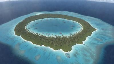 The image features a large, round island with a lagoon in the middle. The island is surrounded by a ring of palm trees, creating a tropical atmosphere. The lagoon is filled with various boats, including canoes and other small watercraft. The scene is a mix of natural beauty and human activity, as the boats are scattered throughout the lagoon, adding a sense of life and movement to the otherwise serene environment.