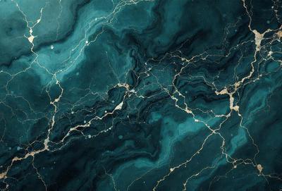 The primary subject of the image is a blue and gold marbled wall. The setting is a dark room with a blue and gold marbled wall as the main focus. The visual style is a close-up of the marbled wall, showcasing its intricate patterns. The colors and mood of the image are predominantly dark and moody, with the blue and gold marbled wall providing a striking contrast against the dark background.