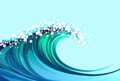 The primary subject of the image is a large wave with a blue and white color scheme. The wave is surrounded by a blue background, giving it a vibrant and lively appearance. The visual style of the image is a combination of photo and digital art, creating a dynamic and engaging scene. The dominant colors in the image are blue and white, which contribute to the overall mood of the scene, evoking a sense of excitement and energy.