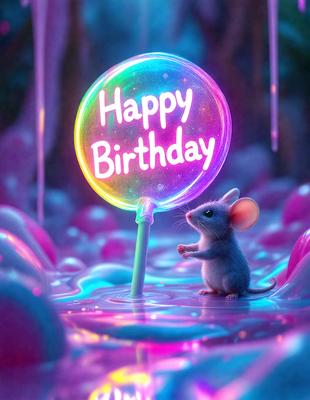 The primary subject of the image is a small mouse standing on a pink surface. The mouse is holding a birthday balloon, which is illuminated by a purple light. The setting appears to be a playful and colorful environment, possibly a birthday party or a similar celebration. The visual style of the image is a combination of photo and digital art, creating a unique and vibrant atmosphere. The dominant colors in the image are pink and purple, which contribute to the festive and joyful m
