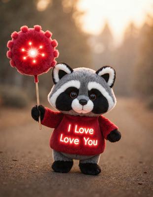The primary subject of the image is a stuffed animal, specifically a raccoon, wearing a red sweater and holding a red balloon. The setting is a road, and the visual style appears to be a photo. The colors and mood of the image are predominantly red, giving it a warm and cozy atmosphere.