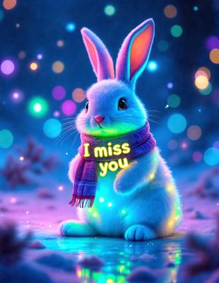 The primary subject of the image is a cute bunny rabbit wearing a scarf and holding a sign that says "I miss you." The setting is a nighttime scene with a purple background, giving the image a whimsical and magical atmosphere. The visual style is a digital art or illustration, with the bunny and the sign being the main focus of the image. The colors and mood are predominantly purple, creating a sense of warmth and nostalgia.