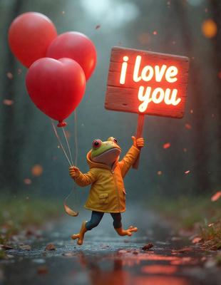 The primary subject of the image is a small toy frog holding a sign that reads "I love you." The setting is a rainy day, with the toy frog standing on a rainy road. The visual style is a digital art, and the colors and mood are predominantly dark and moody, with the rain and the nighttime atmosphere creating a sense of intimacy and warmth.