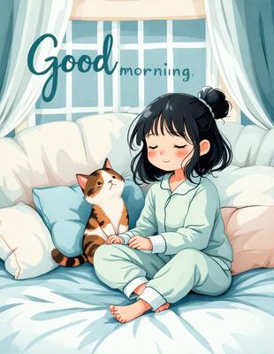 The primary subject of the image is a young girl sitting on a bed, accompanied by a cat. The setting is a cozy bedroom, with the girl sitting on a pillow and the cat sitting next to her. The visual style is a digital art or illustration, with a colorful and warm atmosphere.