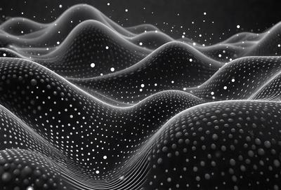 The primary subject of the image is a black and white pattern of dots, which creates a visually striking and intricate design. The setting is a dark background, which contrasts with the pattern and adds depth to the image. The visual style is a combination of digital art and illustration, as the dots are arranged in a way that resembles a mountain range. The colors and mood of the image are predominantly black and white, giving it a classic and timeless feel.