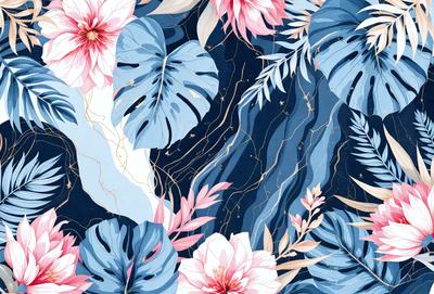 The primary subject of the image is a beautifully illustrated floral pattern featuring pink and blue flowers. The setting is a blue background, which complements the vibrant colors of the flowers. The visual style is a combination of digital art and illustration, creating a captivating and artistic scene. The dominant colors are pink and blue, which evoke a sense of freshness and tranquility.