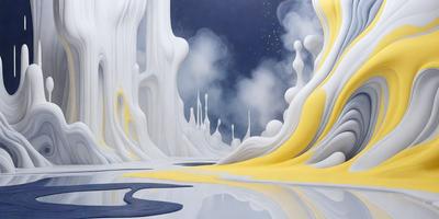 The primary subject of the image is a large, white, and yellow sculpture, which appears to be a painting or digital art. The setting is a cloudy sky, and the visual style is a combination of digital art and painting. The dominant colors in the image are white, yellow, and blue, creating a vibrant and lively atmosphere.