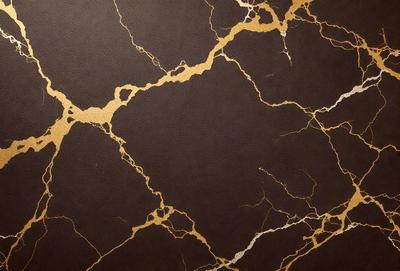 The primary subject of the image is a close-up of a marbled wall with gold accents. The setting is a room with a brown background. The visual style is a photo of the wall, showcasing the intricate design and texture. The colors and mood of the image are warm and elegant, with the gold accents adding a touch of luxury.