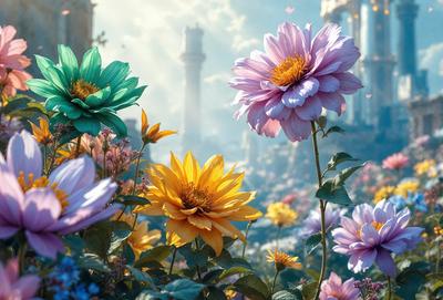 Primary subject: Flowers
Setting/background: A garden with a castle in the background
Visual style: Digital art
Colors and mood: The flowers are colorful and vibrant, creating a cheerful and lively atmosphere.