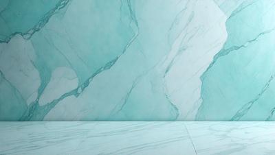 The primary subject of the image is a marble wall with a blue tint. The setting is a room with a white floor, and the visual style is a photo. The dominant colors are blue and white, creating a calm and sophisticated atmosphere.