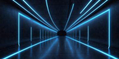 The primary subject of the image is a long, narrow, and brightly lit tunnel. The setting is a dark, underground environment, and the visual style is a combination of a photo and digital art. The tunnel is illuminated by a blue light, creating a futuristic and mysterious atmosphere. The dominant colors are blue and black, with the blue light creating a sense of depth and intrigue.