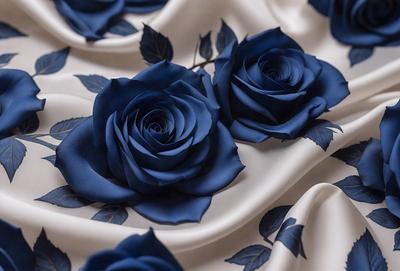 The primary subject of the image is a group of blue roses. They are arranged on a blue cloth, which serves as the setting and background. The visual style of the image is a close-up of the blue roses, showcasing their vibrant color and intricate details. The overall atmosphere of the image is serene and elegant, with the blue roses as the focal point.