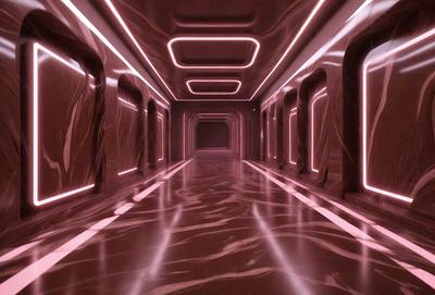 The primary subject of the image is a long, narrow hallway with a marble floor. The setting is a futuristic environment, possibly a space station or a high-tech building. The visual style is a combination of photo and digital art, creating a unique and intriguing atmosphere. The dominant colors are pink and purple, giving the scene a futuristic and surreal feel.