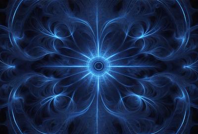 The primary subject of the image is a blue, circular, and swirling pattern. The setting is a dark blue background, which creates a contrasting and dramatic effect. The visual style is a combination of digital art and illustration, giving the image a unique and artistic appearance. The dominant colors are blue and black, creating a sense of depth and intensity. The overall atmosphere of the image is mysterious and captivating.