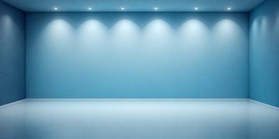 The primary subject of the image is a large, empty room with a blue wall. The setting is a spacious, clean environment, likely a warehouse or a large room. The visual style is a photo, capturing the room's emptiness and the blue wall. The colors and mood of the image are predominantly blue, creating a calm and serene atmosphere.