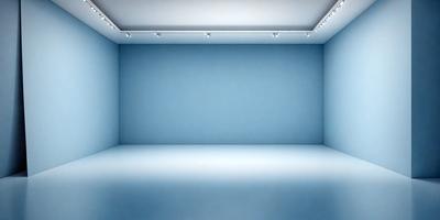 The primary subject of the image is a large, empty room with a blue wall. The setting is a room with a blue wall, and the visual style is a photo. The colors and mood of the image are predominantly blue, creating a calm and serene atmosphere.