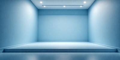 The primary subject of the image is a large, empty room with a blue wall. The setting is a white room with a blue wall, and the visual style is a photo. The room appears to be a large, empty space with a blue wall, and the colors and mood are predominantly blue.