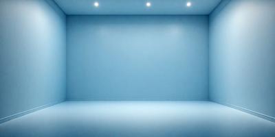 The primary subject of the image is a large, empty room with a blue wall. The setting is a spacious, blue-walled room with a blue floor. The visual style is a photo, capturing the room's emptiness and the blue color scheme. The colors and mood of the image are predominantly blue, creating a calm and serene atmosphere.