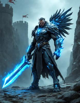 The primary subject of the image is a man dressed in a medieval-style armor, holding a sword. He appears to be a warrior or a character from a fantasy game. The setting is a rocky, castle-like environment, with a castle visible in the background. The visual style is a digital art or illustration, creating a dramatic and intense atmosphere. The dominant colors are blue and black, which contribute to the overall mood of the image.