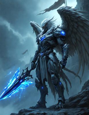 The primary subject of the image is a character, possibly a demon or an angel, dressed in a suit and holding a sword. The character is standing on a rocky surface, which serves as the setting for the scene. The visual style of the image is digital art, as it appears to be a well-crafted illustration. The colors and mood of the image are dark and dramatic, with the character's suit and the sword being the main focus of the scene.