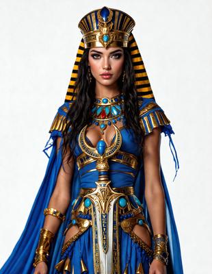 The primary subject of the image is a woman dressed in a blue and gold costume, possibly inspired by Egyptian culture. She is wearing a blue dress and a gold headdress, which adds to the overall visual style of the image. The setting appears to be a white background, which helps to emphasize the woman's costume and makeup. The colors and mood of the image are predominantly blue and gold, giving it a regal and elegant appearance.